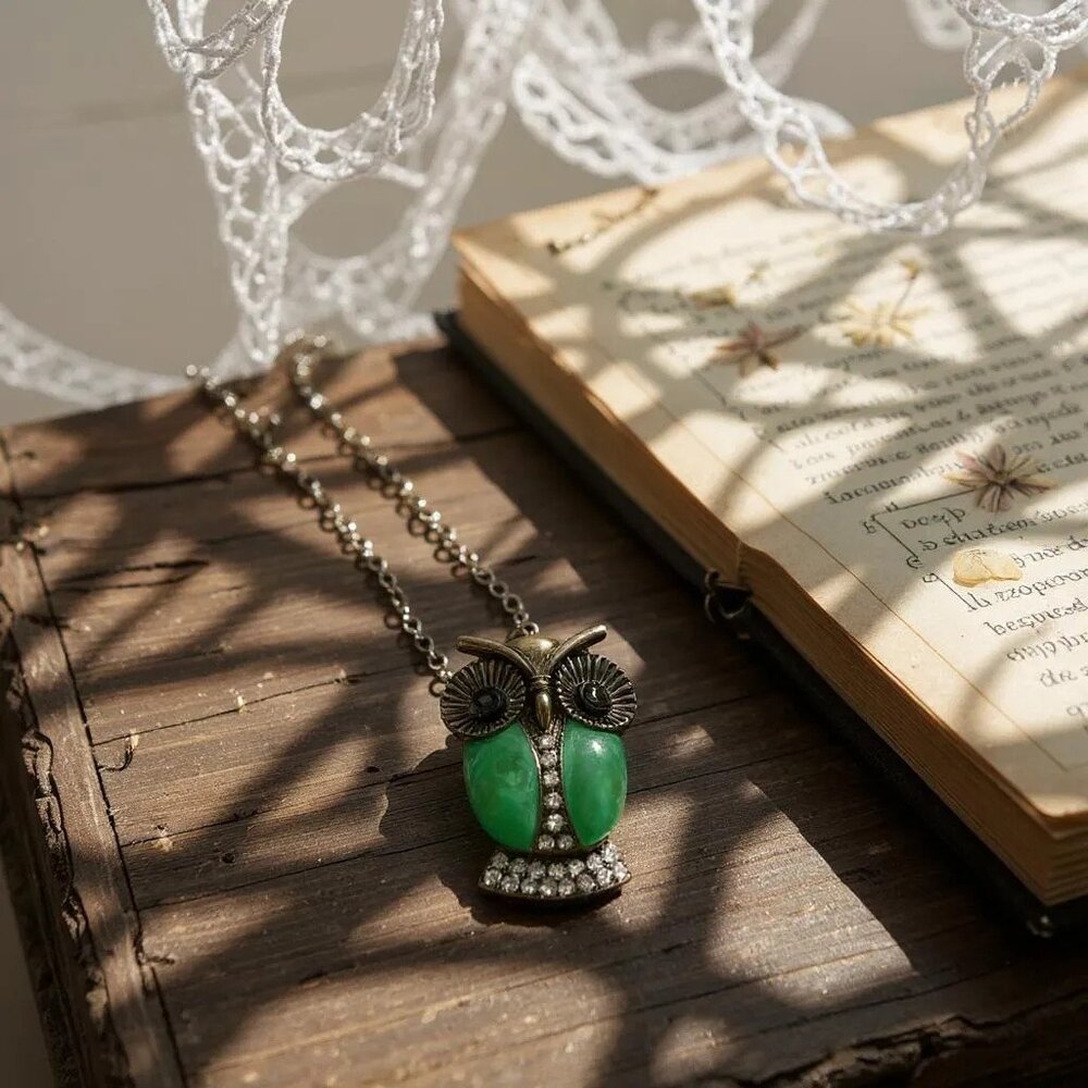 Teal And Silver Owl Pendant With Clear crystal stud Long Necklace chain